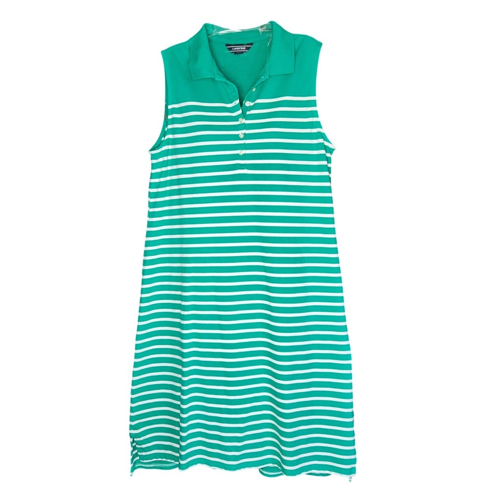Lands' End Polo Dress Women Green White Striped Sleeveless Pique Knit Preppy